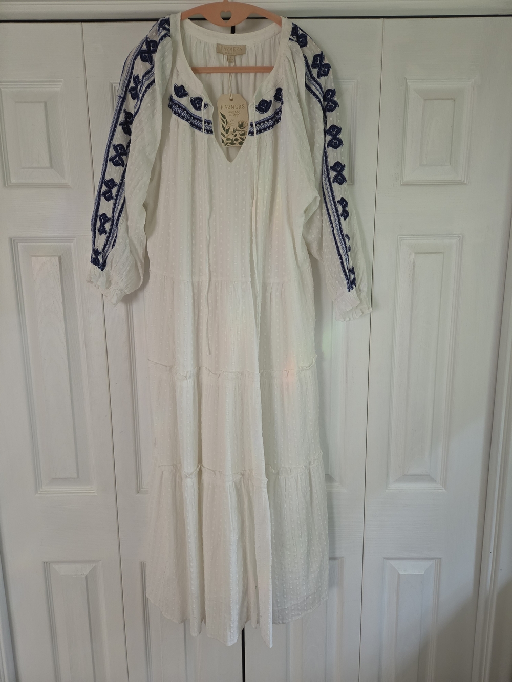 Embroidered White Maxi Dress with Navy Detail